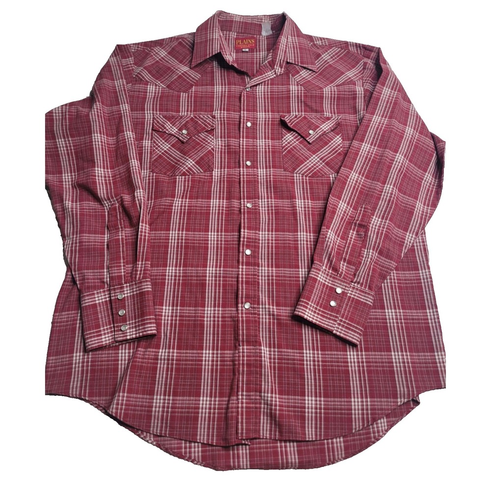 Plains Western Wear Pearl Snap‎ Long Sleeve Shirt Men's Large Red Plaid